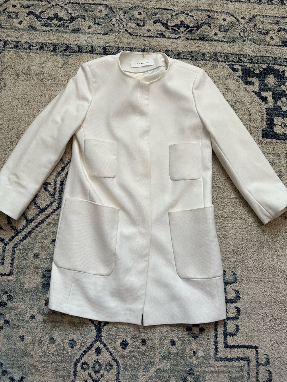 Tahari Cream Collarless Longline Trench Coat